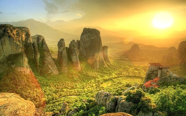 by ksengog on Flickr.Sunset over the rocks of the Meteora complex of monasteries in Greece.