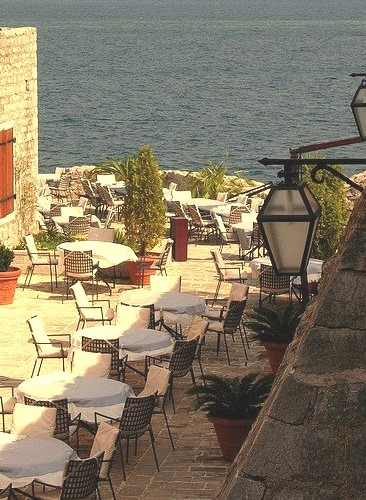 Terrace on the coast in Budva, Montenegro ).