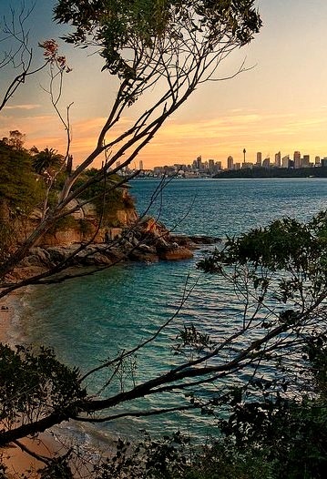 Sydney skyline in the distance seen fron Lady Bay, Australia