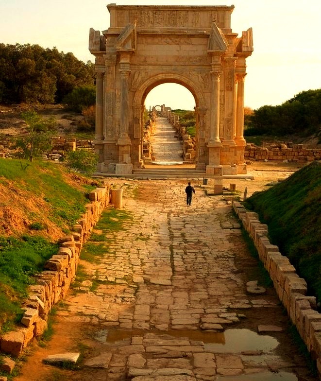 The arch of Septimus Severus at the roman ruins of Leptis Magna, Libya